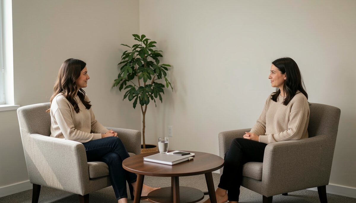 A counsellor and a young woman sit in soft chairs in a quiet office, a box of tissues on the table between them.