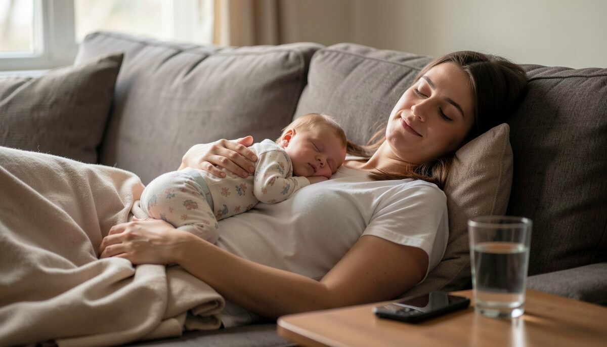 A new mother rests on a sofa with a sleeping newborn on her chest, a glass of water and phone on the side table.