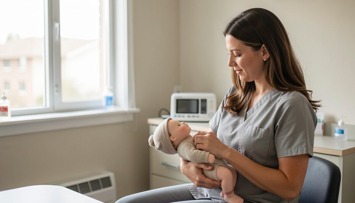 A lactation consultant demonstrates a holding position with a doll while a mother watches in a clinic room.