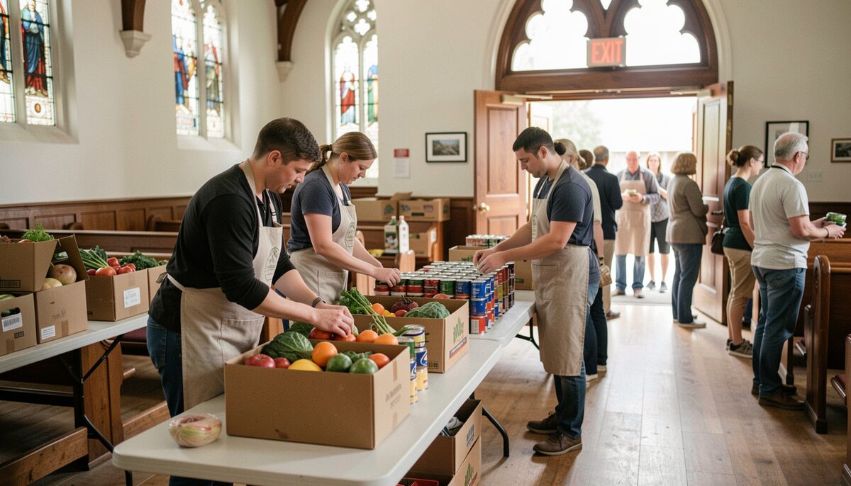 Volunteers in aprons pack boxes of produce and canned goods on folding tables in a church hall, a line of people waiting at the door.