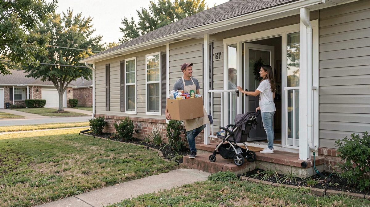 A mother and her newborn in a bright room, a home visitor with a tote bag at the door behind them.