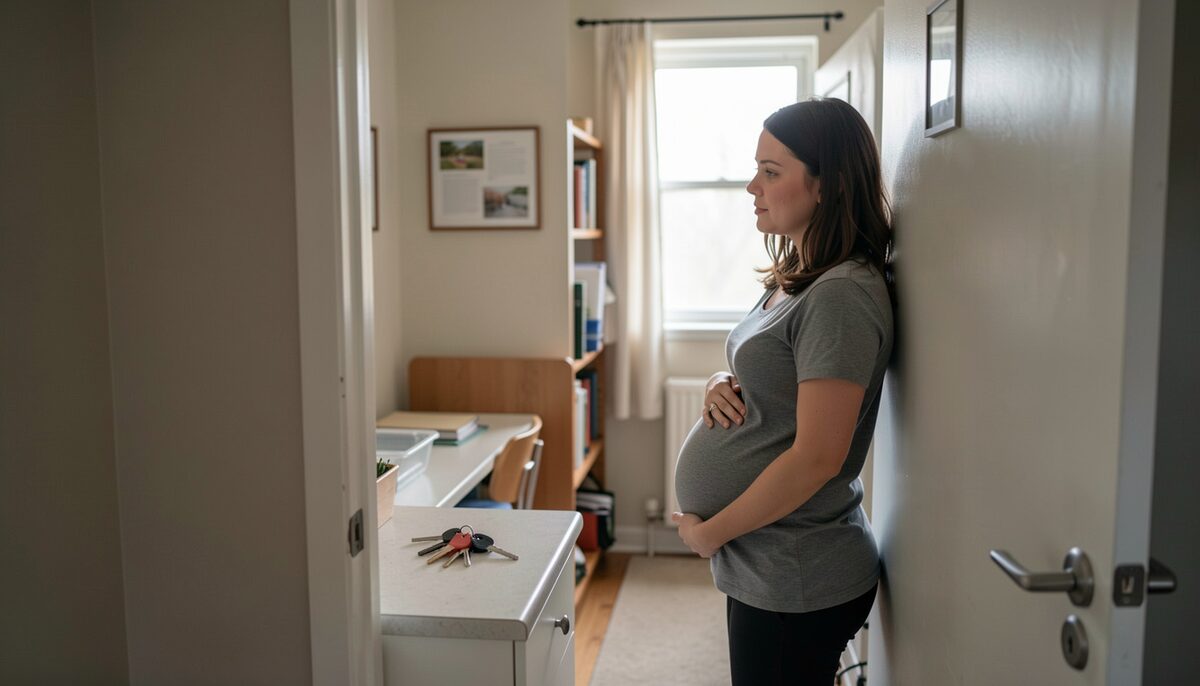 A caseworker and a pregnant woman stand in the doorway of a small furnished apartment, keys on a counter inside.