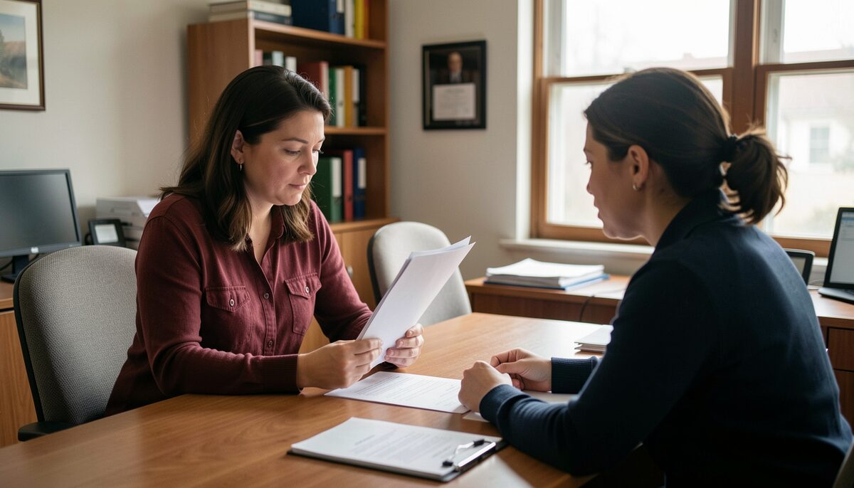 A woman with a folder of papers sits at a table across from a caseworker in a modest office, both looking at a form between them.