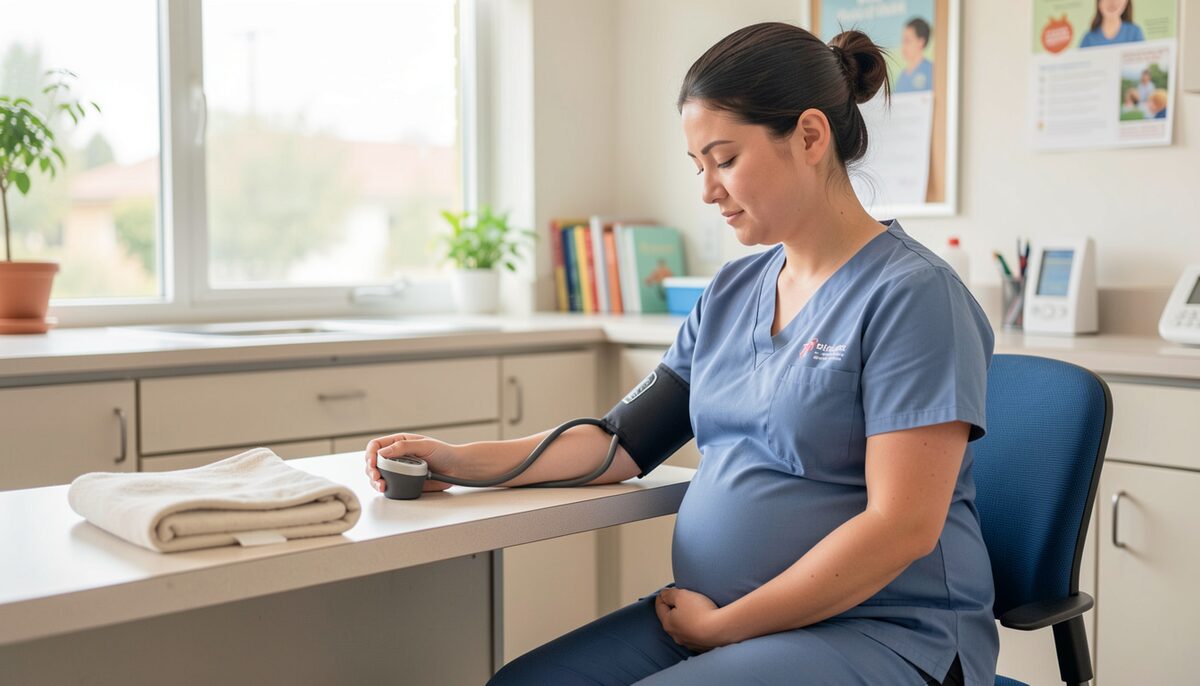 A nurse in scrubs checks a blood pressure cuff on a seated pregnant woman in a bright community clinic room, a folded blanket on the counter nearby.